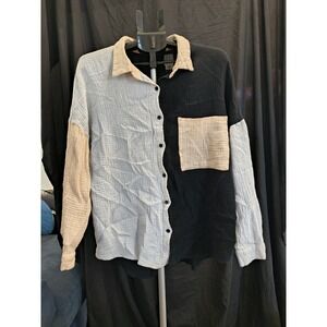 Dokotoo Color Block Waffle Breezy Button Up Black White Tan Small Oversized